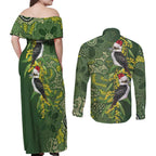 Aussie Kokaburra Golden Wattle Christmas Couples Matching Off Shoulder Maxi Dress and Long Sleeve Button Shirt Aboriginal Dots Painting Green Motif - Aussie Hoodie