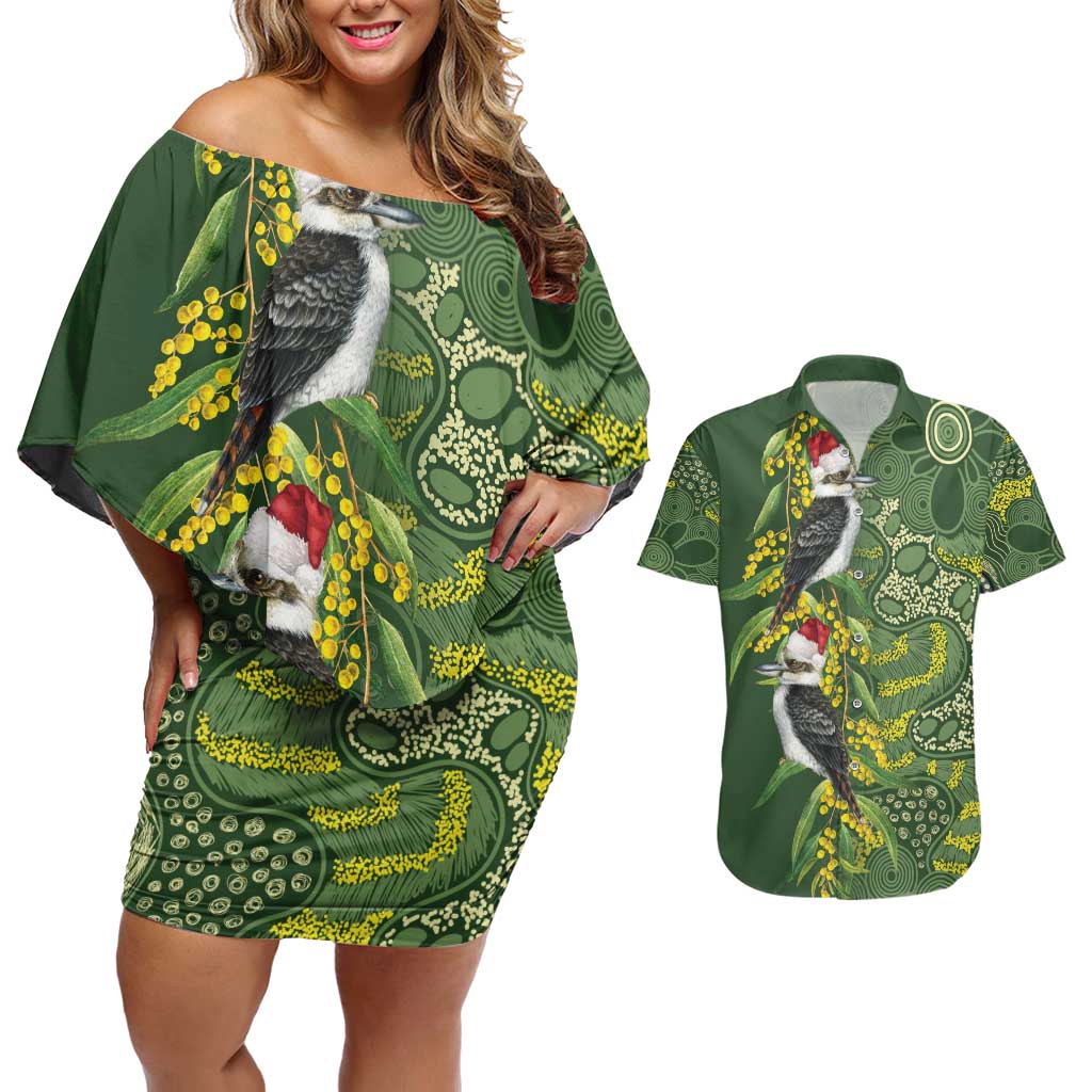 Aussie Kokaburra Golden Wattle Christmas Couples Matching Off Shoulder Short Dress and Hawaiian Shirt Aboriginal Dots Painting Green Motif - Aussie Hoodie