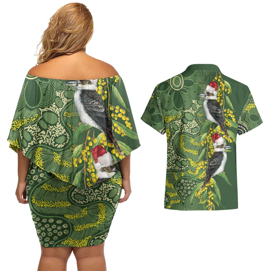 Aussie Kokaburra Golden Wattle Christmas Couples Matching Off Shoulder Short Dress and Hawaiian Shirt Aboriginal Dots Painting Green Motif - Aussie Hoodie