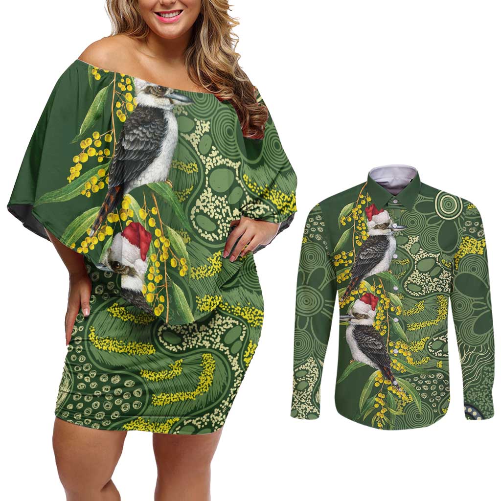 Aussie Kokaburra Golden Wattle Christmas Couples Matching Off Shoulder Short Dress and Long Sleeve Button Shirt Aboriginal Dots Painting Green Motif - Aussie Hoodie