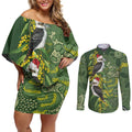 Aussie Kokaburra Golden Wattle Christmas Couples Matching Off Shoulder Short Dress and Long Sleeve Button Shirt Aboriginal Dots Painting Green Motif - Aussie Hoodie