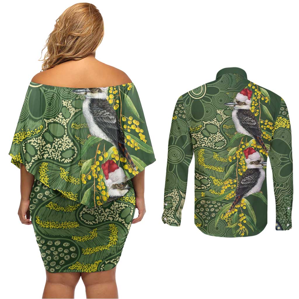 Aussie Kokaburra Golden Wattle Christmas Couples Matching Off Shoulder Short Dress and Long Sleeve Button Shirt Aboriginal Dots Painting Green Motif - Aussie Hoodie