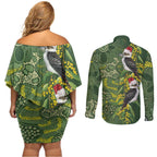 Aussie Kokaburra Golden Wattle Christmas Couples Matching Off Shoulder Short Dress and Long Sleeve Button Shirt Aboriginal Dots Painting Green Motif - Aussie Hoodie