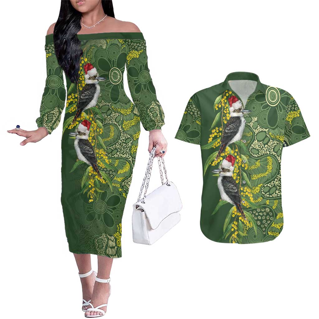 Aussie Kokaburra Golden Wattle Christmas Couples Matching Off The Shoulder Long Sleeve Dress and Hawaiian Shirt Aboriginal Dots Painting Green Motif - Aussie Hoodie