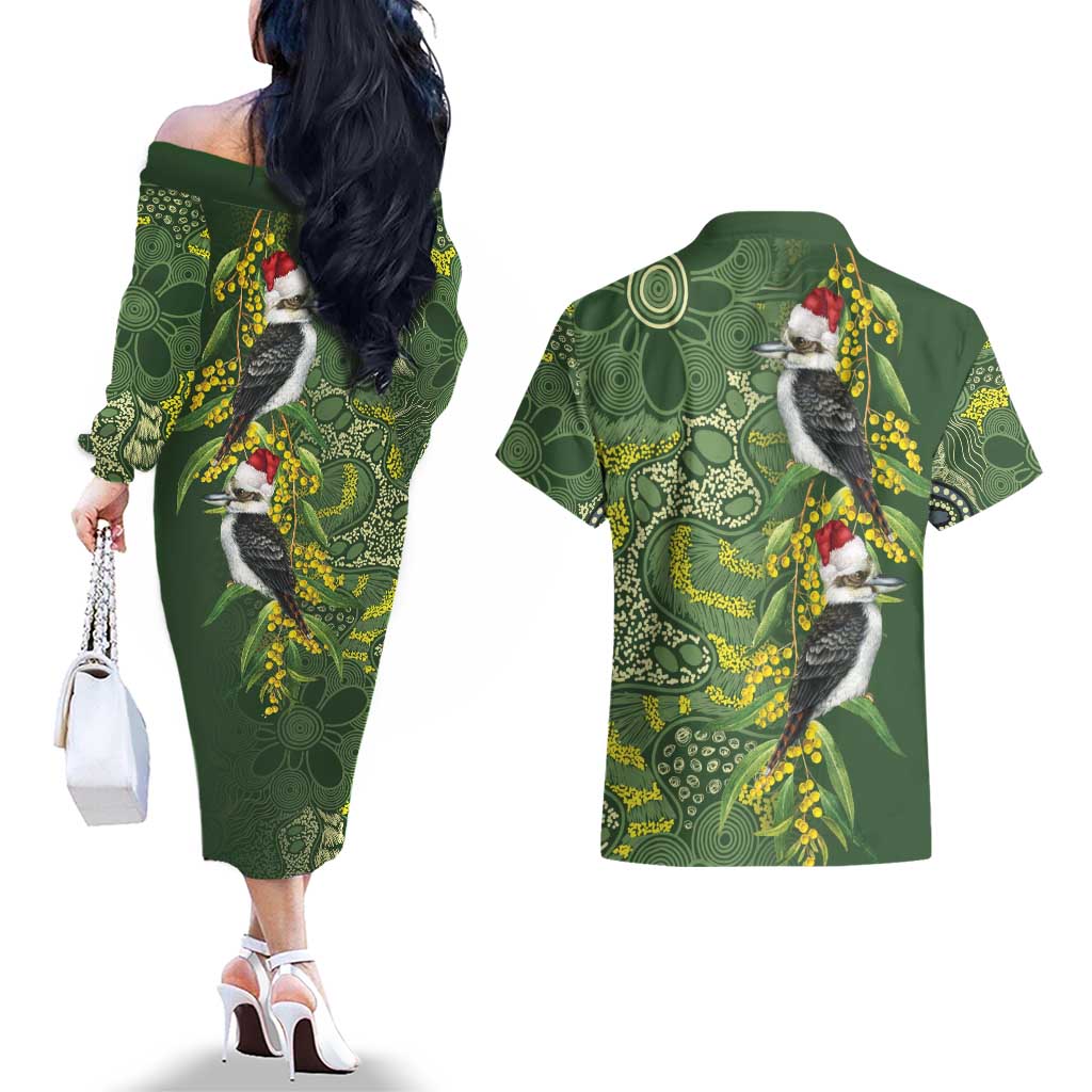 Aussie Kokaburra Golden Wattle Christmas Couples Matching Off The Shoulder Long Sleeve Dress and Hawaiian Shirt Aboriginal Dots Painting Green Motif - Aussie Hoodie