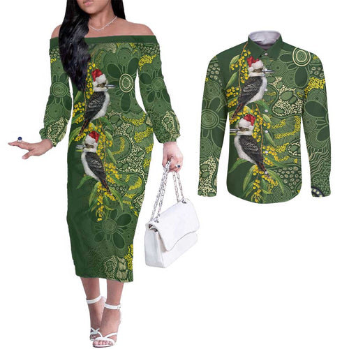 Aussie Kokaburra Golden Wattle Christmas Couples Matching Off The Shoulder Long Sleeve Dress and Long Sleeve Button Shirt Aboriginal Dots Painting Green Motif - Aussie Hoodie