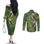 Aussie Kokaburra Golden Wattle Christmas Couples Matching Off The Shoulder Long Sleeve Dress and Long Sleeve Button Shirt Aboriginal Dots Painting Green Motif - Aussie Hoodie