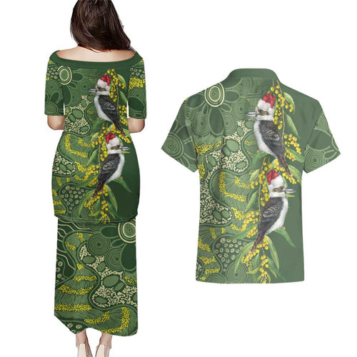 Aussie Kokaburra Golden Wattle Christmas Couples Matching Puletasi and Hawaiian Shirt Aboriginal Dots Painting Green Motif - Aussie Hoodie