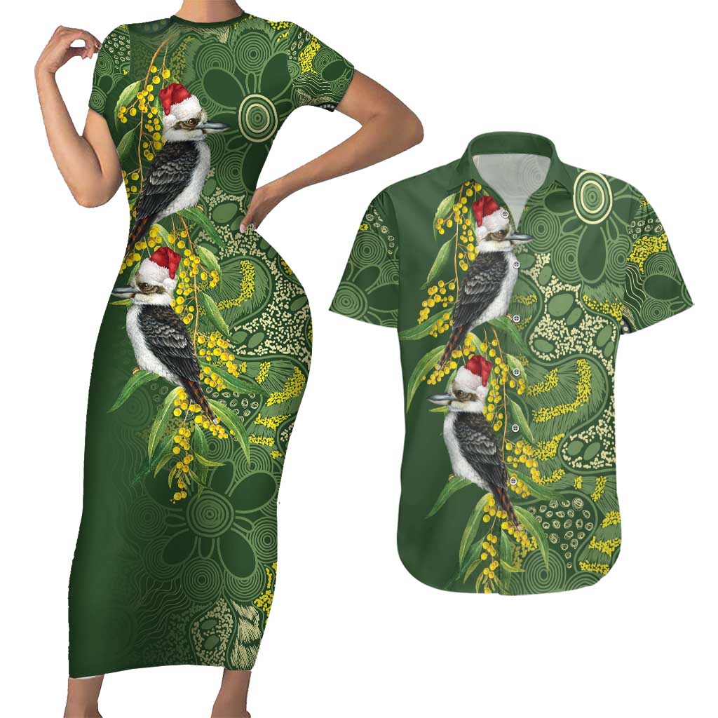 Aussie Kokaburra Golden Wattle Christmas Couples Matching Short Sleeve Bodycon Dress and Hawaiian Shirt Aboriginal Dots Painting Green Motif - Aussie Hoodie