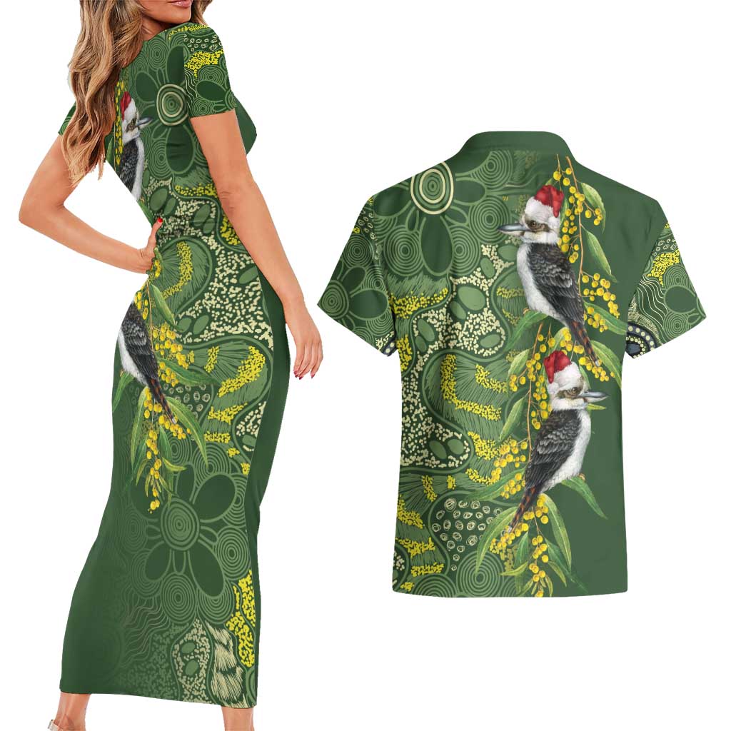 Aussie Kokaburra Golden Wattle Christmas Couples Matching Short Sleeve Bodycon Dress and Hawaiian Shirt Aboriginal Dots Painting Green Motif - Aussie Hoodie