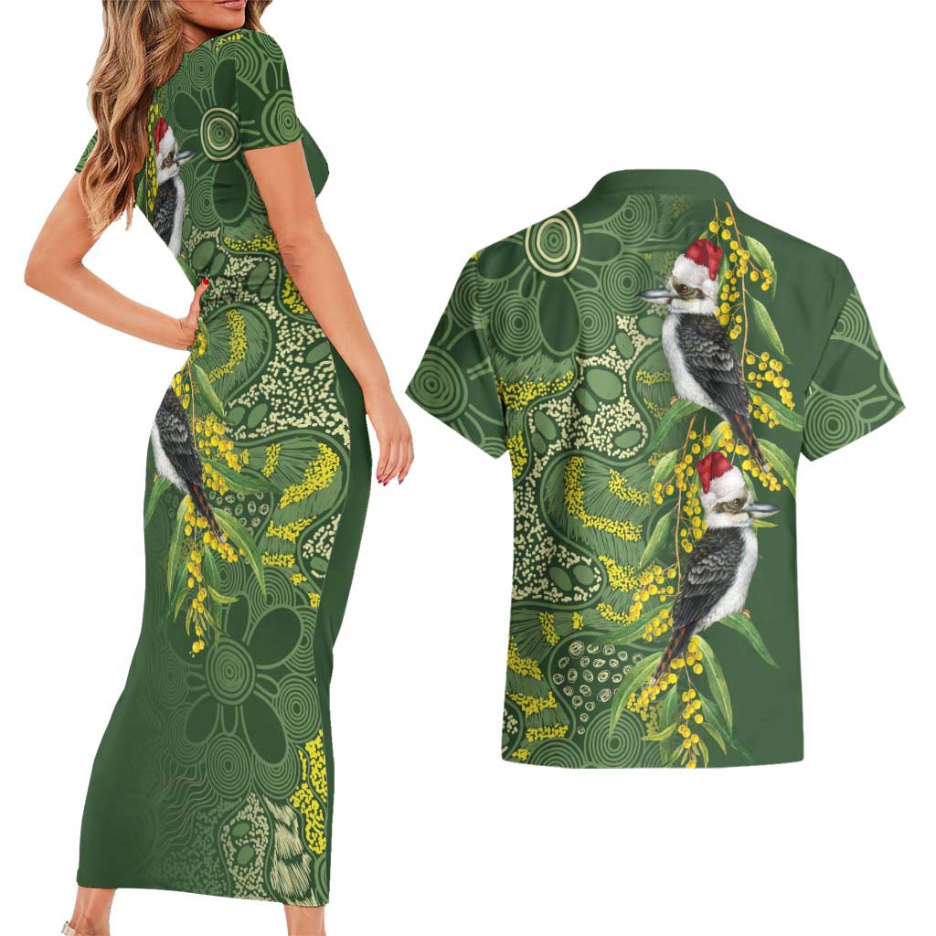 Aussie Kokaburra Golden Wattle Christmas Couples Matching Short Sleeve Bodycon Dress and Hawaiian Shirt Aboriginal Dots Painting Green Motif - Aussie Hoodie