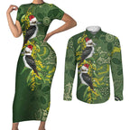 Aussie Kokaburra Golden Wattle Christmas Couples Matching Short Sleeve Bodycon Dress and Long Sleeve Button Shirt Aboriginal Dots Painting Green Motif - Aussie Hoodie