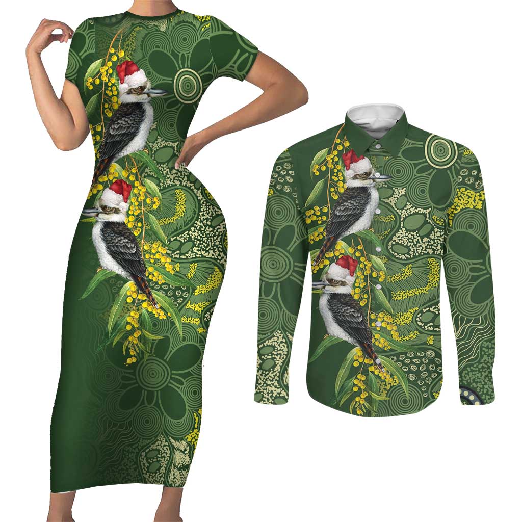 Aussie Kokaburra Golden Wattle Christmas Couples Matching Short Sleeve Bodycon Dress and Long Sleeve Button Shirt Aboriginal Dots Painting Green Motif - Aussie Hoodie
