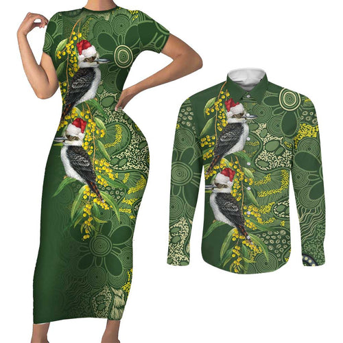 Aussie Kokaburra Golden Wattle Christmas Couples Matching Short Sleeve Bodycon Dress and Long Sleeve Button Shirt Aboriginal Dots Painting Green Motif - Aussie Hoodie