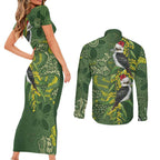 Aussie Kokaburra Golden Wattle Christmas Couples Matching Short Sleeve Bodycon Dress and Long Sleeve Button Shirt Aboriginal Dots Painting Green Motif - Aussie Hoodie