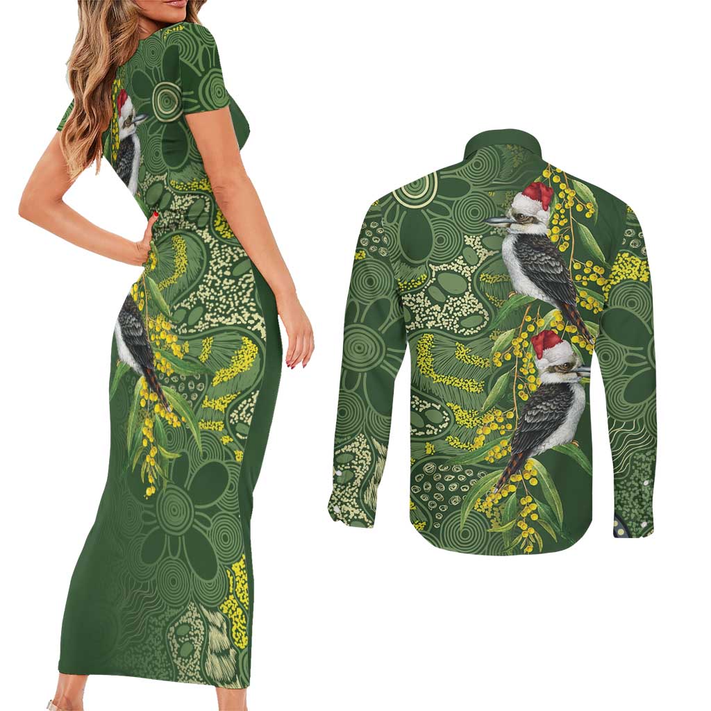 Aussie Kokaburra Golden Wattle Christmas Couples Matching Short Sleeve Bodycon Dress and Long Sleeve Button Shirt Aboriginal Dots Painting Green Motif - Aussie Hoodie