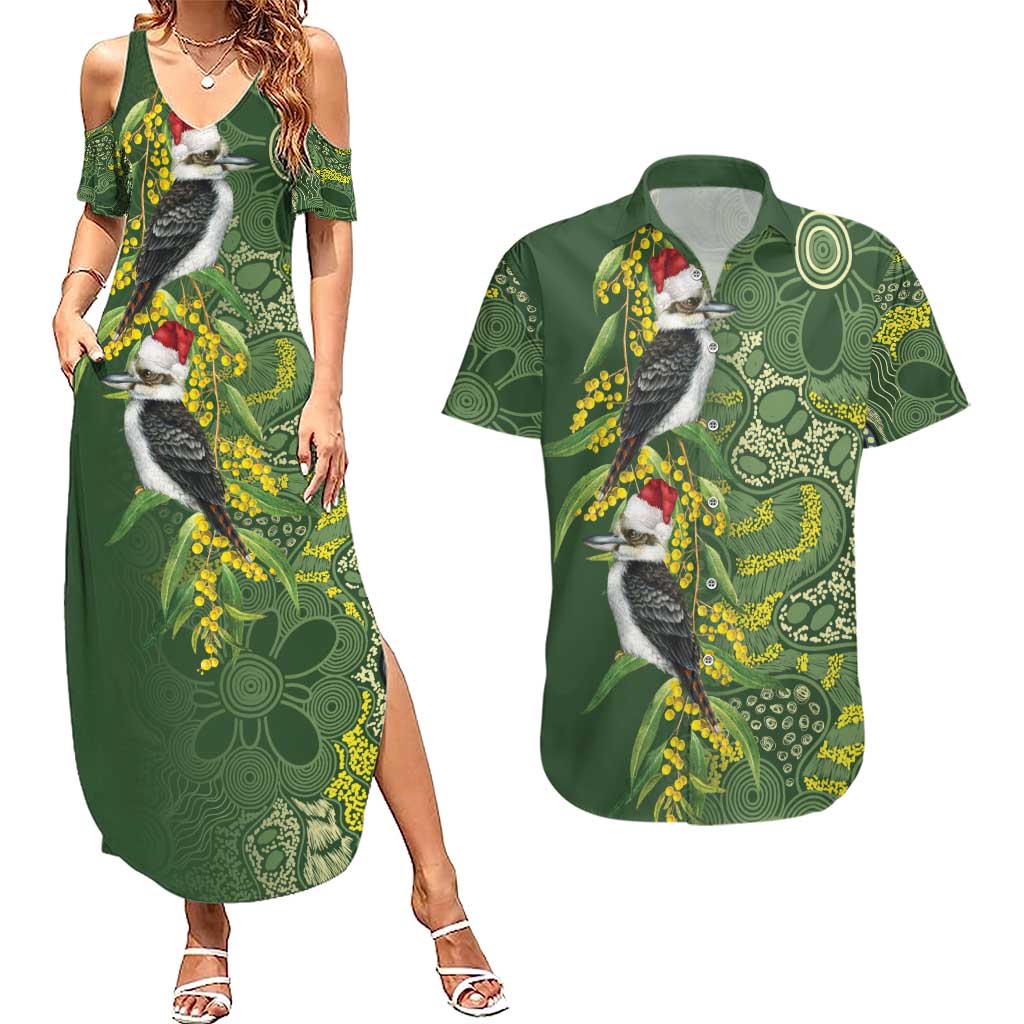 Aussie Kokaburra Golden Wattle Christmas Couples Matching Summer Maxi Dress and Hawaiian Shirt Aboriginal Dots Painting Green Motif - Aussie Hoodie