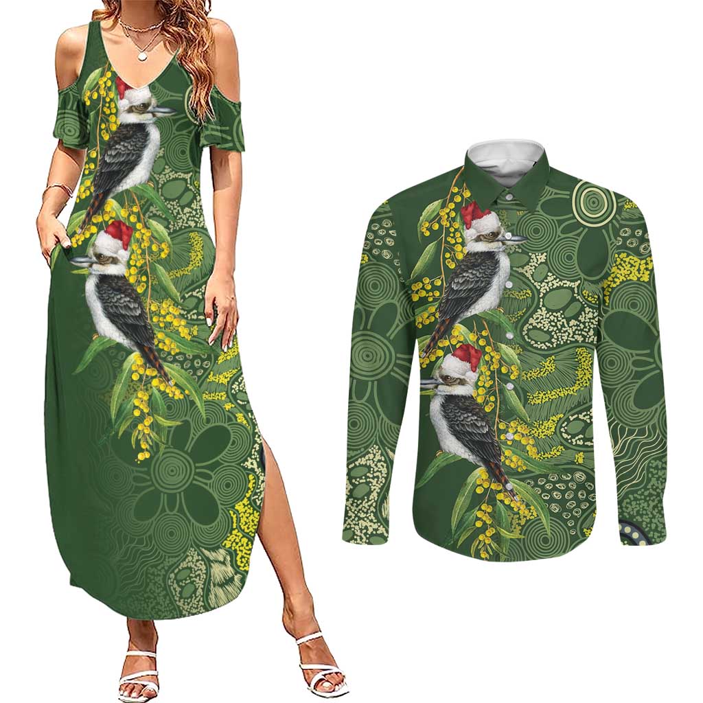 Aussie Kokaburra Golden Wattle Christmas Couples Matching Summer Maxi Dress and Long Sleeve Button Shirt Aboriginal Dots Painting Green Motif - Aussie Hoodie