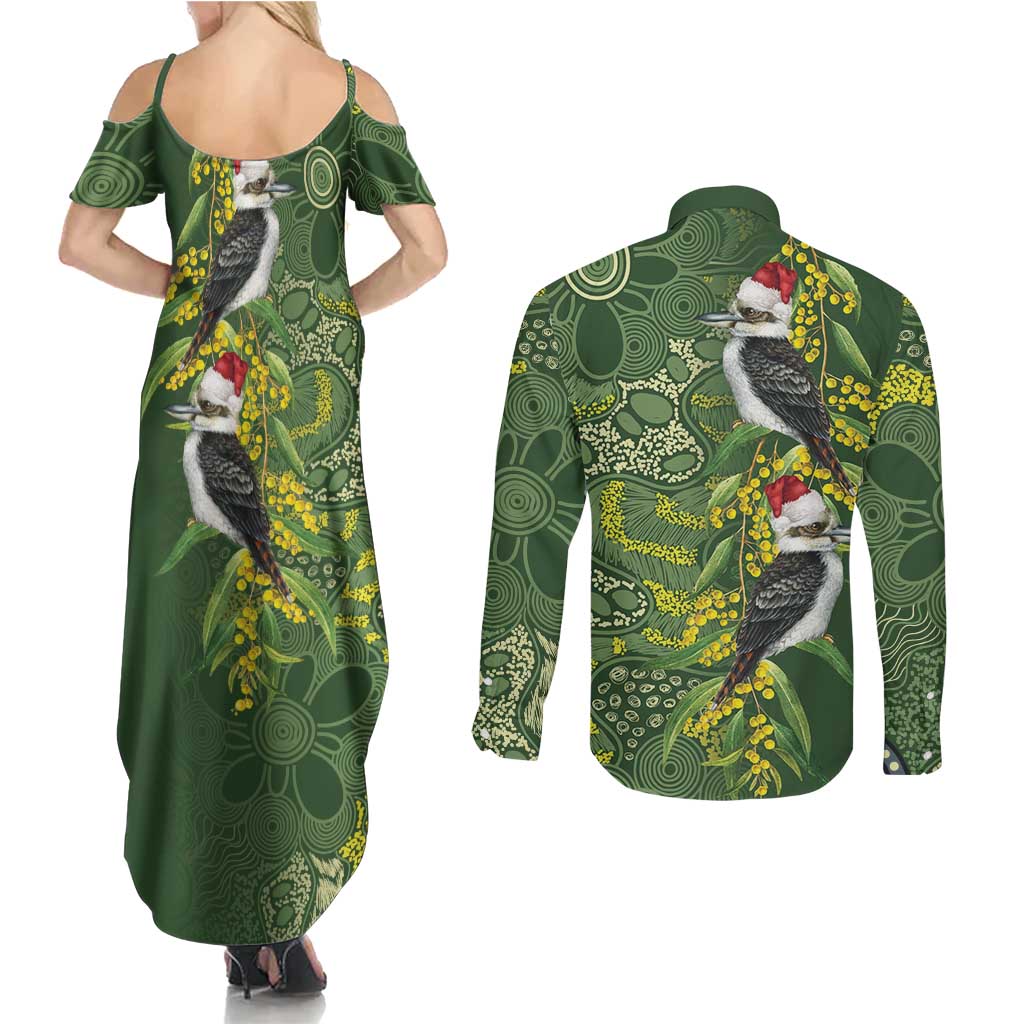 Aussie Kokaburra Golden Wattle Christmas Couples Matching Summer Maxi Dress and Long Sleeve Button Shirt Aboriginal Dots Painting Green Motif - Aussie Hoodie