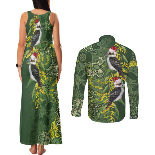 Aussie Kokaburra Golden Wattle Christmas Couples Matching Tank Maxi Dress and Long Sleeve Button Shirt Aboriginal Dots Painting Green Motif - Aussie Hoodie
