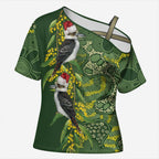 Aussie Kokaburra Golden Wattle Christmas Cross Shoulder Shirt Aboriginal Dots Painting Green Motif - Aussie Hoodie