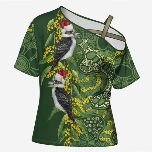 Aussie Kokaburra Golden Wattle Christmas Cross Shoulder Shirt Aboriginal Dots Painting Green Motif - Aussie Hoodie