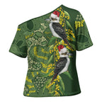 Aussie Kokaburra Golden Wattle Christmas Cross Shoulder Shirt Aboriginal Dots Painting Green Motif - Aussie Hoodie