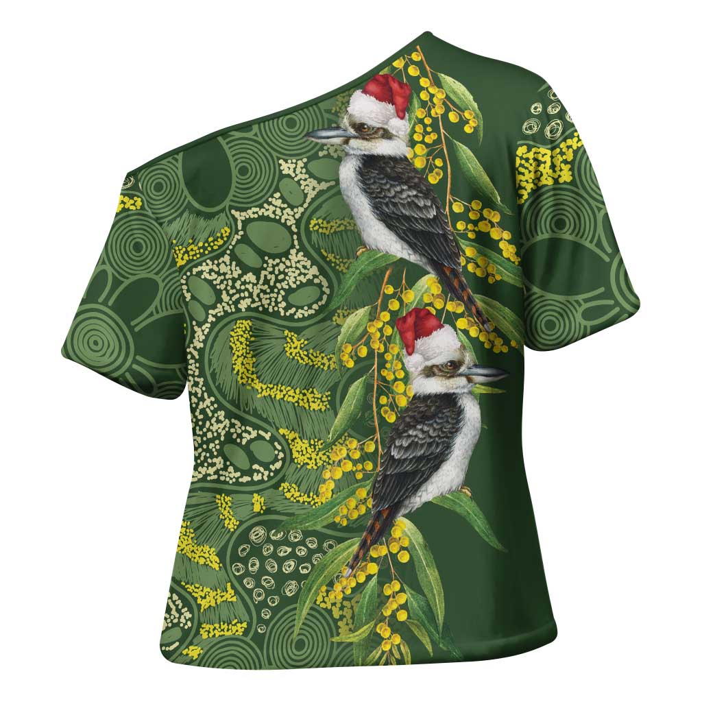 Aussie Kokaburra Golden Wattle Christmas Cross Shoulder Shirt Aboriginal Dots Painting Green Motif - Aussie Hoodie