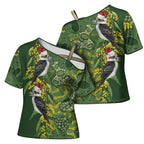 Aussie Kokaburra Golden Wattle Christmas Cross Shoulder Shirt Aboriginal Dots Painting Green Motif - Aussie Hoodie