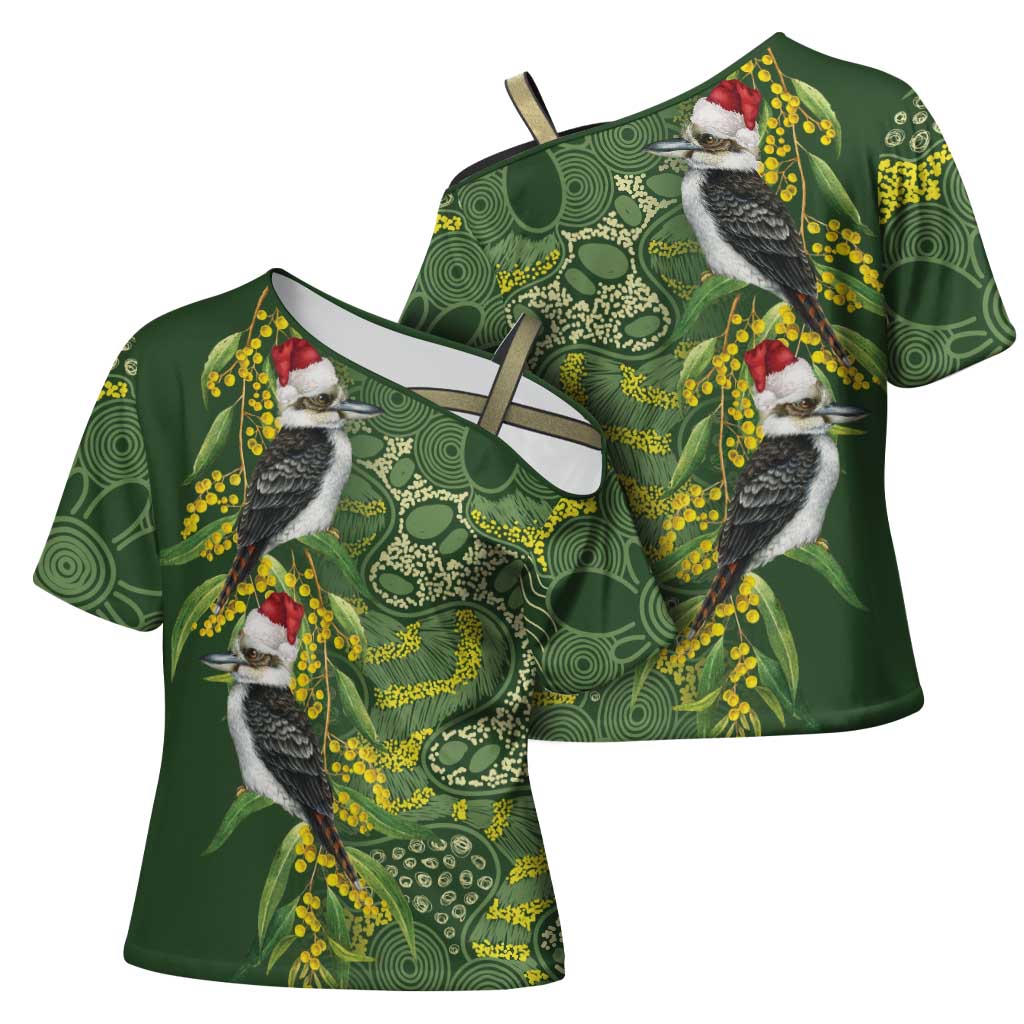 Aussie Kokaburra Golden Wattle Christmas Cross Shoulder Shirt Aboriginal Dots Painting Green Motif - Aussie Hoodie