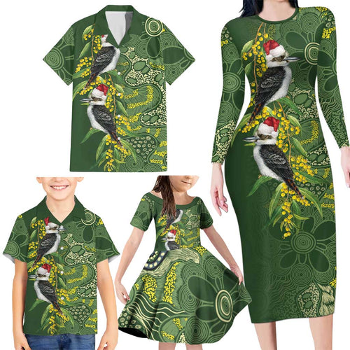 Aussie Kokaburra Golden Wattle Christmas Family Matching Long Sleeve Bodycon Dress and Hawaiian Shirt Aboriginal Dots Painting Green Motif - Aussie Hoodie