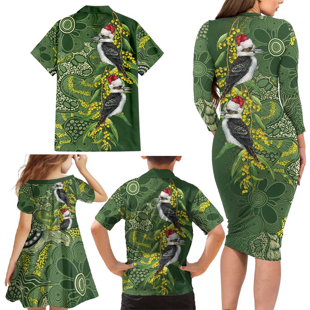 Aussie Kokaburra Golden Wattle Christmas Family Matching Long Sleeve Bodycon Dress and Hawaiian Shirt Aboriginal Dots Painting Green Motif - Aussie Hoodie