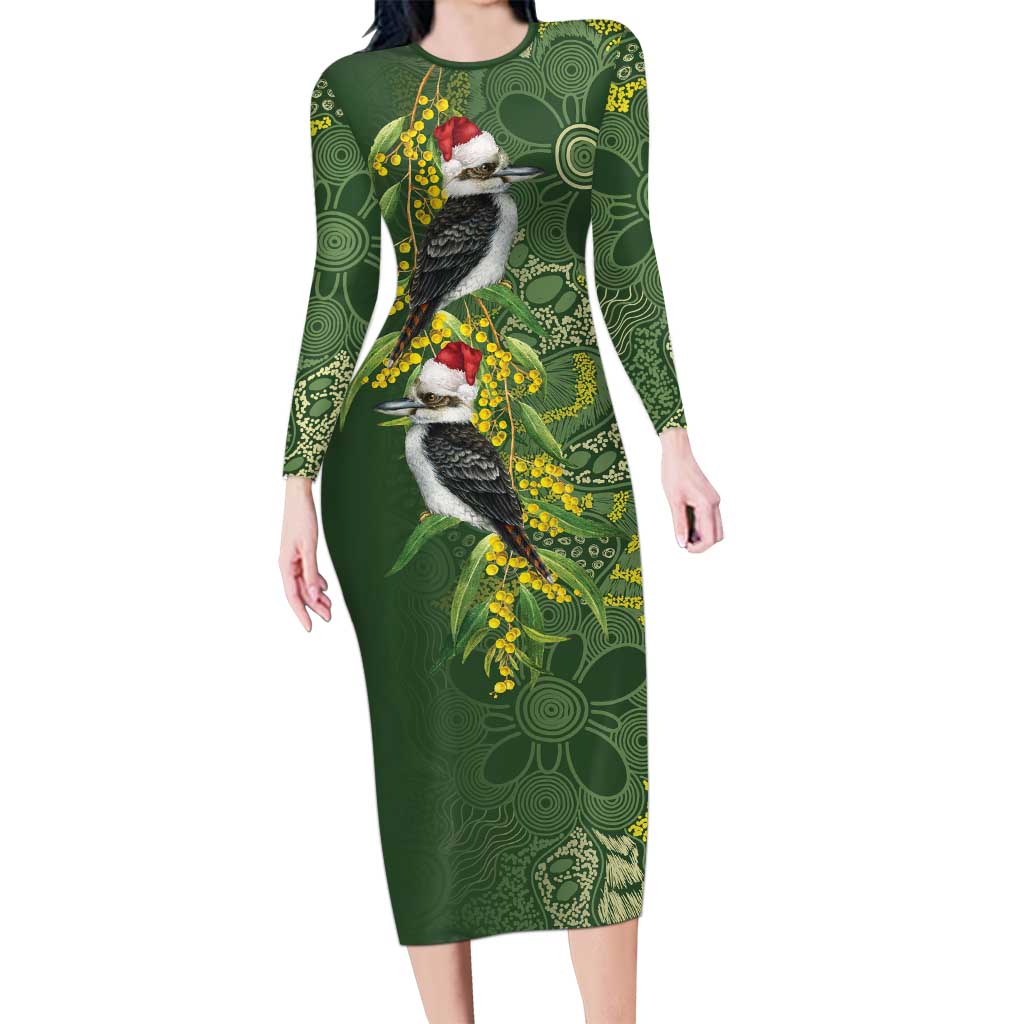 Aussie Kokaburra Golden Wattle Christmas Family Matching Long Sleeve Bodycon Dress and Hawaiian Shirt Aboriginal Dots Painting Green Motif - Aussie Hoodie