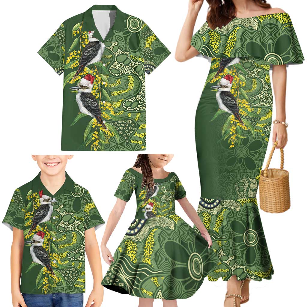 Aussie Kokaburra Golden Wattle Christmas Family Matching Mermaid Dress and Hawaiian Shirt Aboriginal Dots Painting Green Motif - Aussie Hoodie