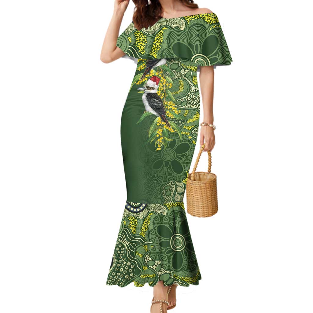 Aussie Kokaburra Golden Wattle Christmas Family Matching Mermaid Dress and Hawaiian Shirt Aboriginal Dots Painting Green Motif - Aussie Hoodie