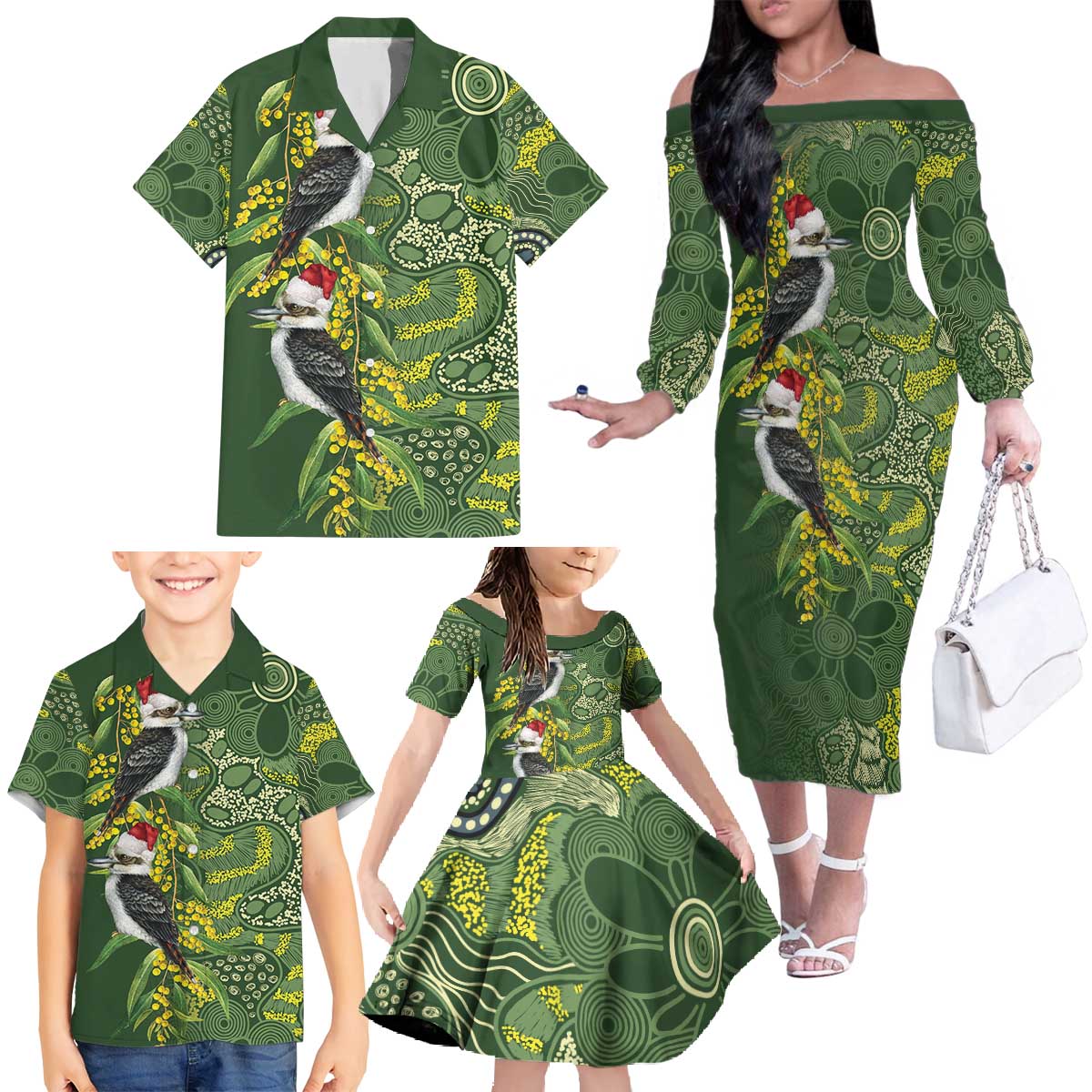 Aussie Kokaburra Golden Wattle Christmas Family Matching Off The Shoulder Long Sleeve Dress and Hawaiian Shirt Aboriginal Dots Painting Green Motif - Aussie Hoodie