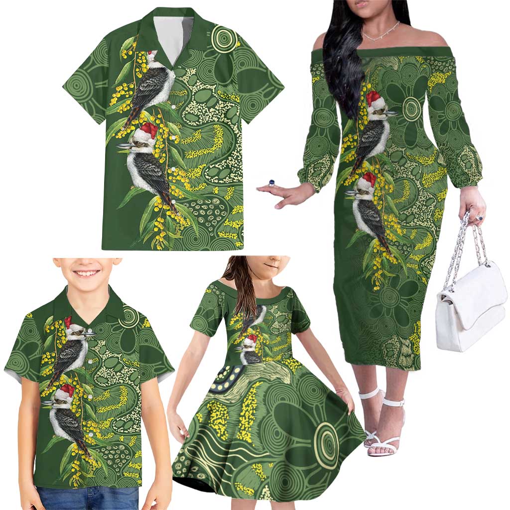 Aussie Kokaburra Golden Wattle Christmas Family Matching Off The Shoulder Long Sleeve Dress and Hawaiian Shirt Aboriginal Dots Painting Green Motif - Aussie Hoodie