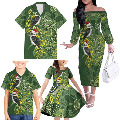 Aussie Kokaburra Golden Wattle Christmas Family Matching Off The Shoulder Long Sleeve Dress and Hawaiian Shirt Aboriginal Dots Painting Green Motif - Aussie Hoodie