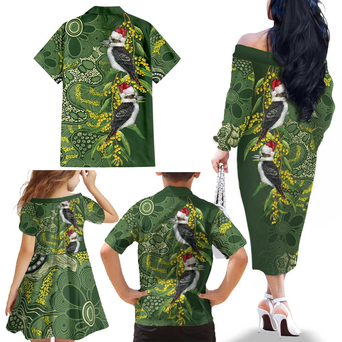 Aussie Kokaburra Golden Wattle Christmas Family Matching Off The Shoulder Long Sleeve Dress and Hawaiian Shirt Aboriginal Dots Painting Green Motif - Aussie Hoodie