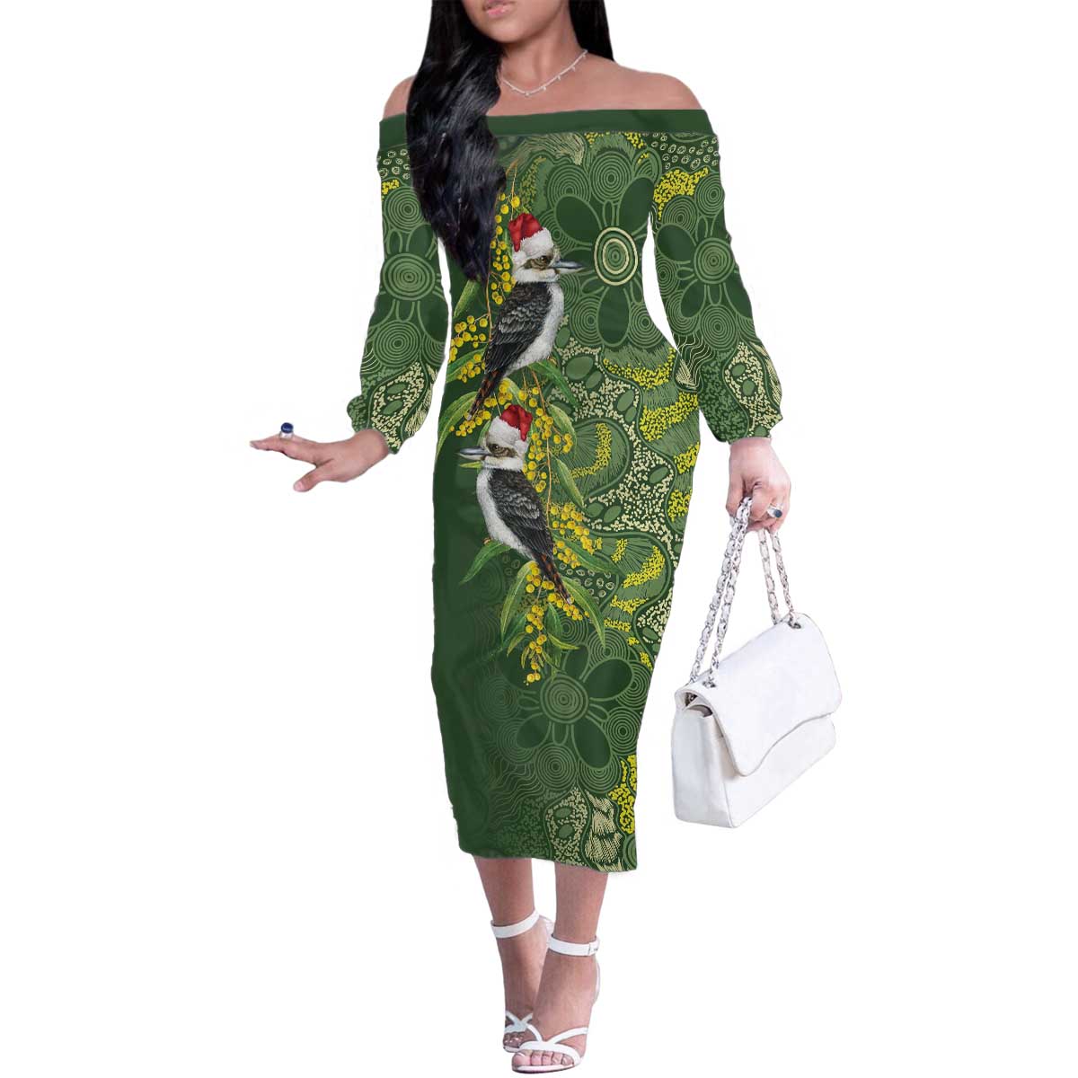 Aussie Kokaburra Golden Wattle Christmas Family Matching Off The Shoulder Long Sleeve Dress and Hawaiian Shirt Aboriginal Dots Painting Green Motif - Aussie Hoodie