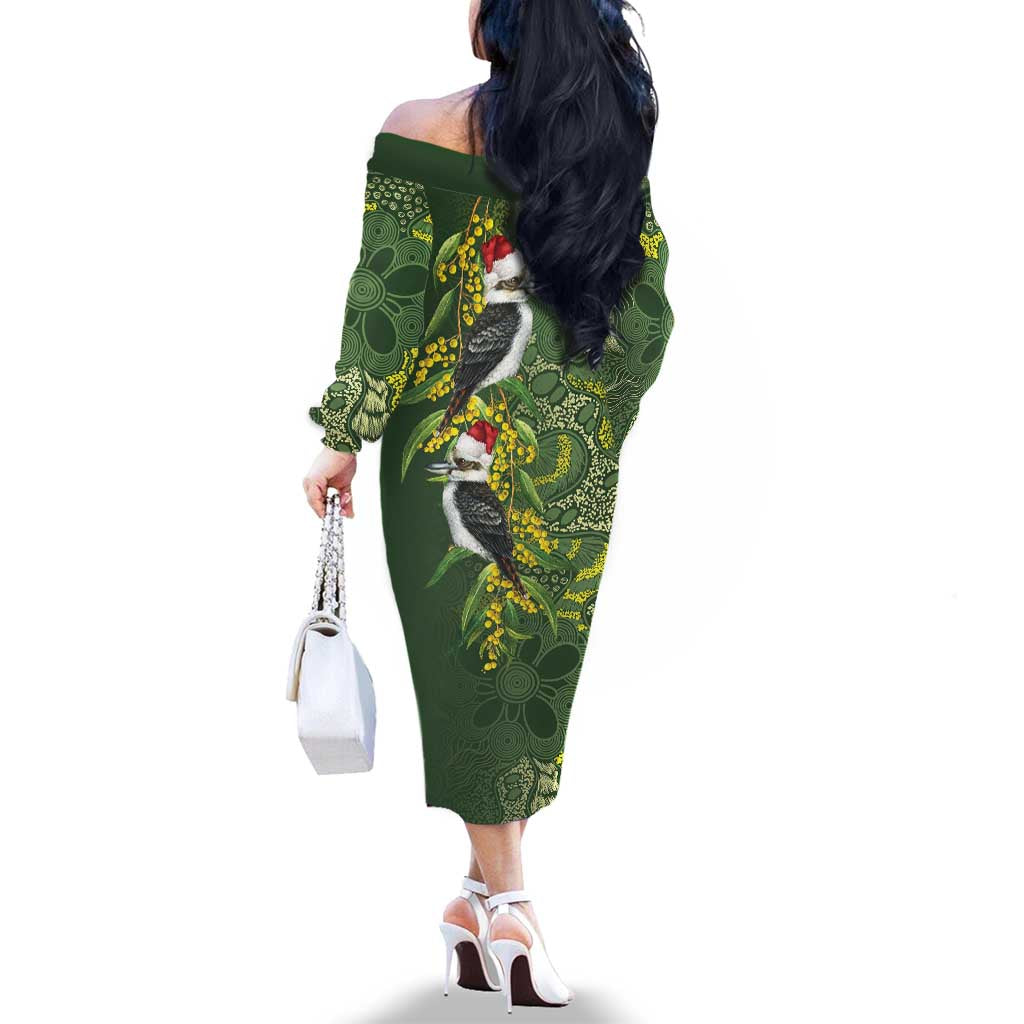 Aussie Kokaburra Golden Wattle Christmas Family Matching Off The Shoulder Long Sleeve Dress and Hawaiian Shirt Aboriginal Dots Painting Green Motif - Aussie Hoodie