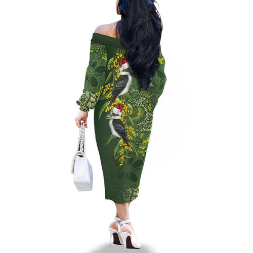 Aussie Kokaburra Golden Wattle Christmas Family Matching Off The Shoulder Long Sleeve Dress and Hawaiian Shirt Aboriginal Dots Painting Green Motif - Aussie Hoodie