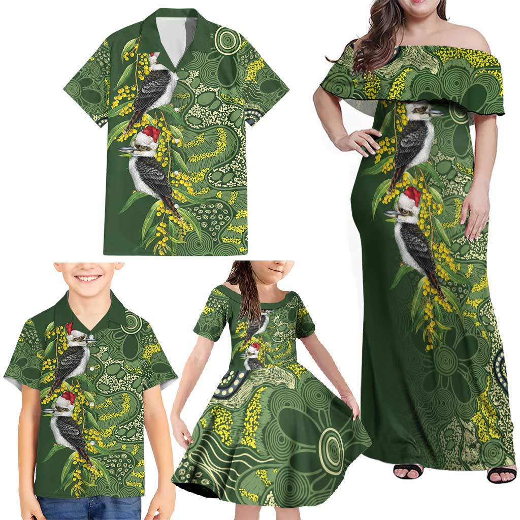 Aussie Kokaburra Golden Wattle Christmas Family Matching Off Shoulder Maxi Dress and Hawaiian Shirt Aboriginal Dots Painting Green Motif - Aussie Hoodie