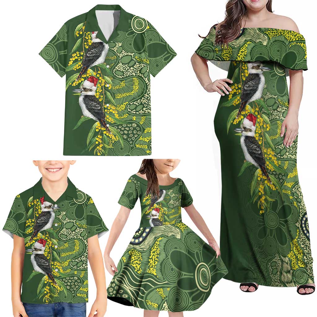 Aussie Kokaburra Golden Wattle Christmas Family Matching Off Shoulder Maxi Dress and Hawaiian Shirt Aboriginal Dots Painting Green Motif - Aussie Hoodie