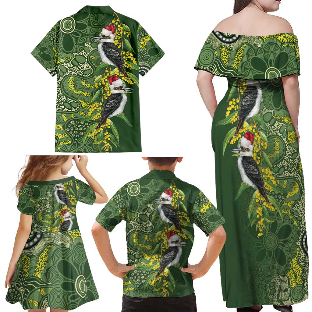 Aussie Kokaburra Golden Wattle Christmas Family Matching Off Shoulder Maxi Dress and Hawaiian Shirt Aboriginal Dots Painting Green Motif - Aussie Hoodie