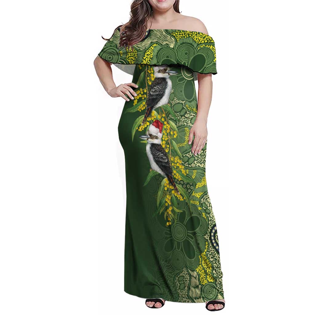 Aussie Kokaburra Golden Wattle Christmas Family Matching Off Shoulder Maxi Dress and Hawaiian Shirt Aboriginal Dots Painting Green Motif - Aussie Hoodie