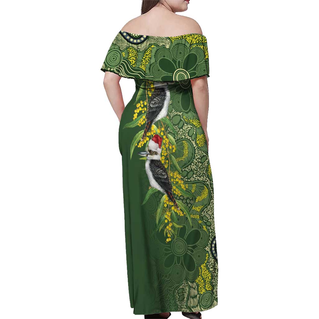 Aussie Kokaburra Golden Wattle Christmas Family Matching Off Shoulder Maxi Dress and Hawaiian Shirt Aboriginal Dots Painting Green Motif - Aussie Hoodie