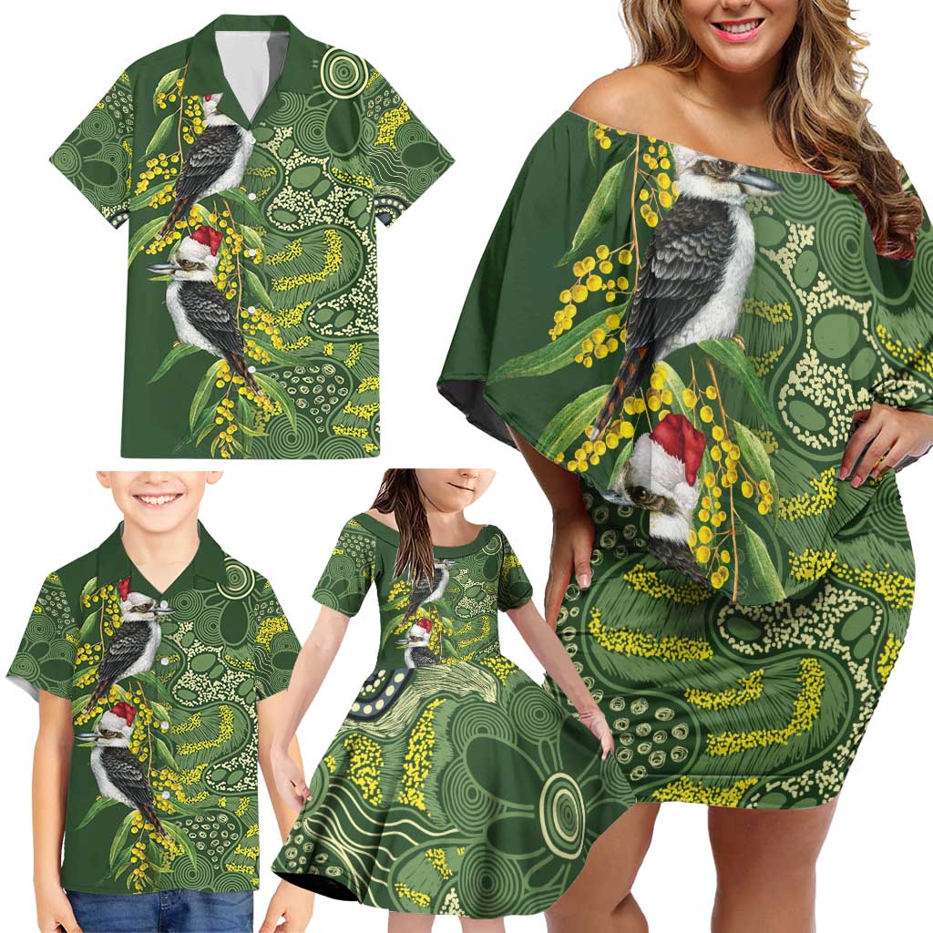 Aussie Kokaburra Golden Wattle Christmas Family Matching Off Shoulder Short Dress and Hawaiian Shirt Aboriginal Dots Painting Green Motif - Aussie Hoodie