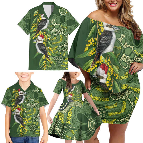 Aussie Kokaburra Golden Wattle Christmas Family Matching Off Shoulder Short Dress and Hawaiian Shirt Aboriginal Dots Painting Green Motif - Aussie Hoodie