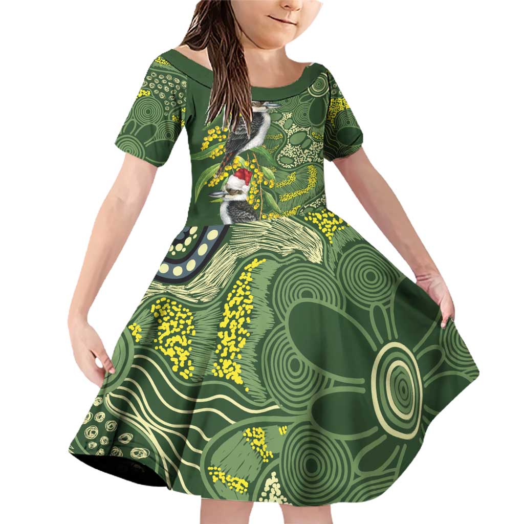 Aussie Kokaburra Golden Wattle Christmas Family Matching Off Shoulder Short Dress and Hawaiian Shirt Aboriginal Dots Painting Green Motif - Aussie Hoodie